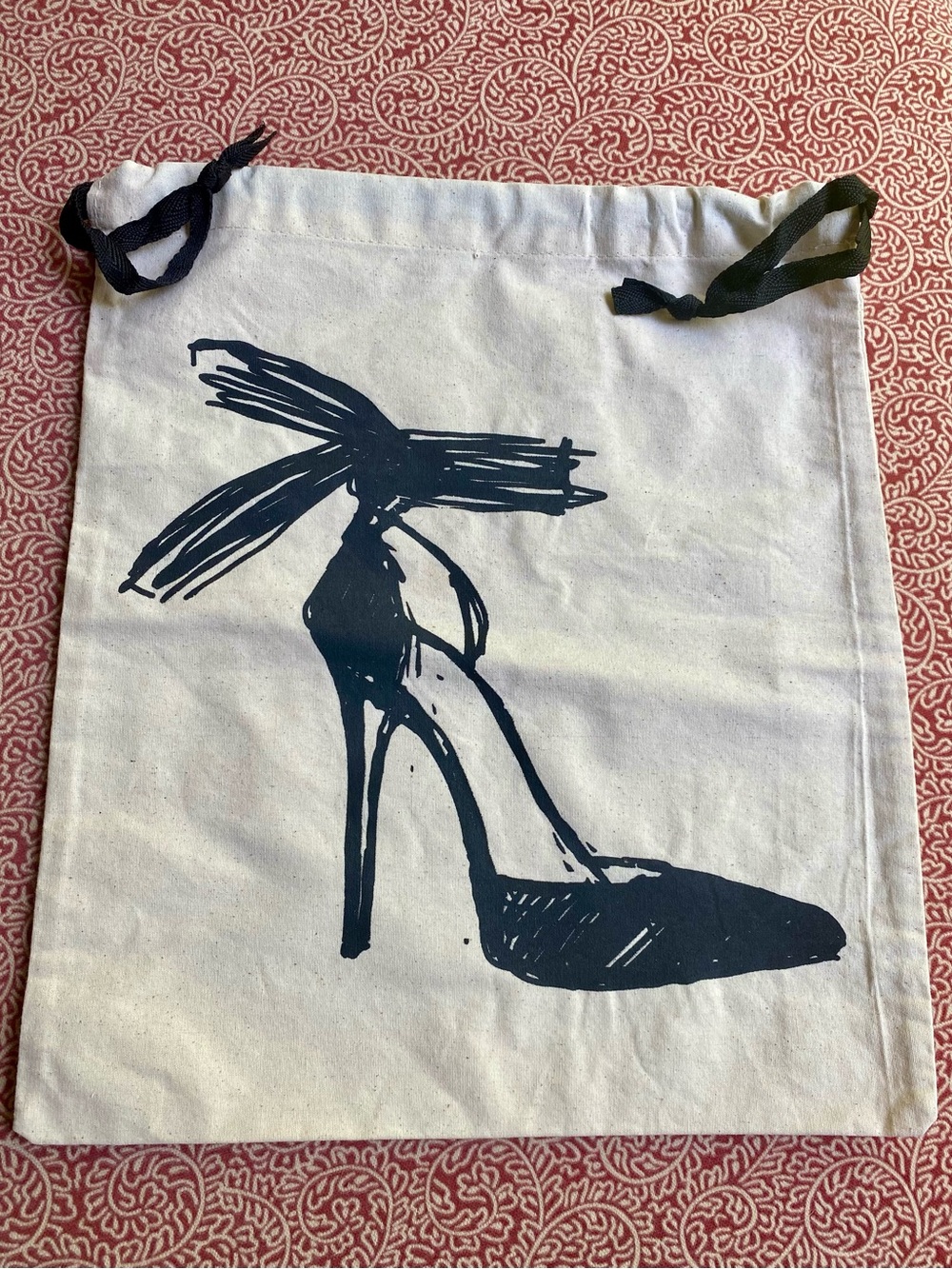 Canvas Drawstring Shoe or Travel Bag with High Heel Print - Cream & Black